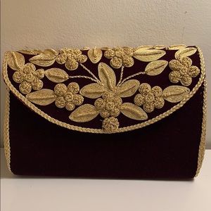 Handmade embroidered evening clutch gold thread